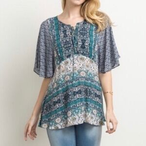 Mystree Top Boho Peasant Flutter Sleeve‎ Shirt Cottagecore Prairie Small